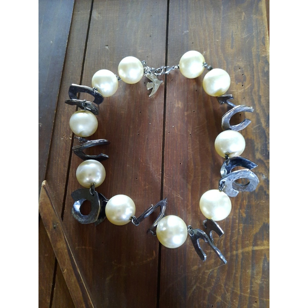 Vintage Cécile Jeanne Paris Faux Pearl Gunmetal Swirl Chunky Statement Necklace